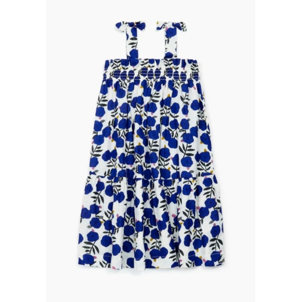 Bonton Elaine Flower Dress Girls Size 4 Blue White Floral Cotton Smocked French